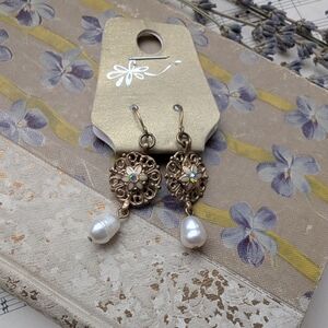 Goldtone And Faux Pearl Drop Earrings With Floral Centre With Aurora Gemstone